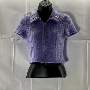 SHEIN Women's Purple Butterfly Collar Fuzzy Short Sleeve Zip-Up Crop Top SZ S